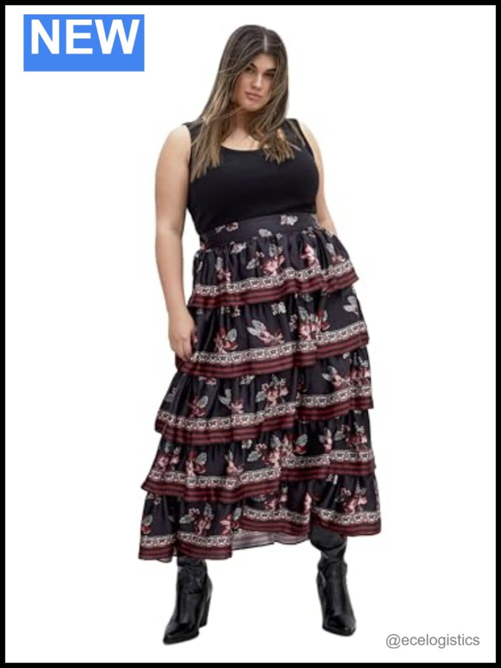 Plus Size Satin Feel Tiered Pull On Midi Skirt for Work
